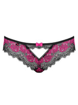 Sexy black and pink Tulia Lace Cheekini panties with floral lace, tempting cut, and pink bow.