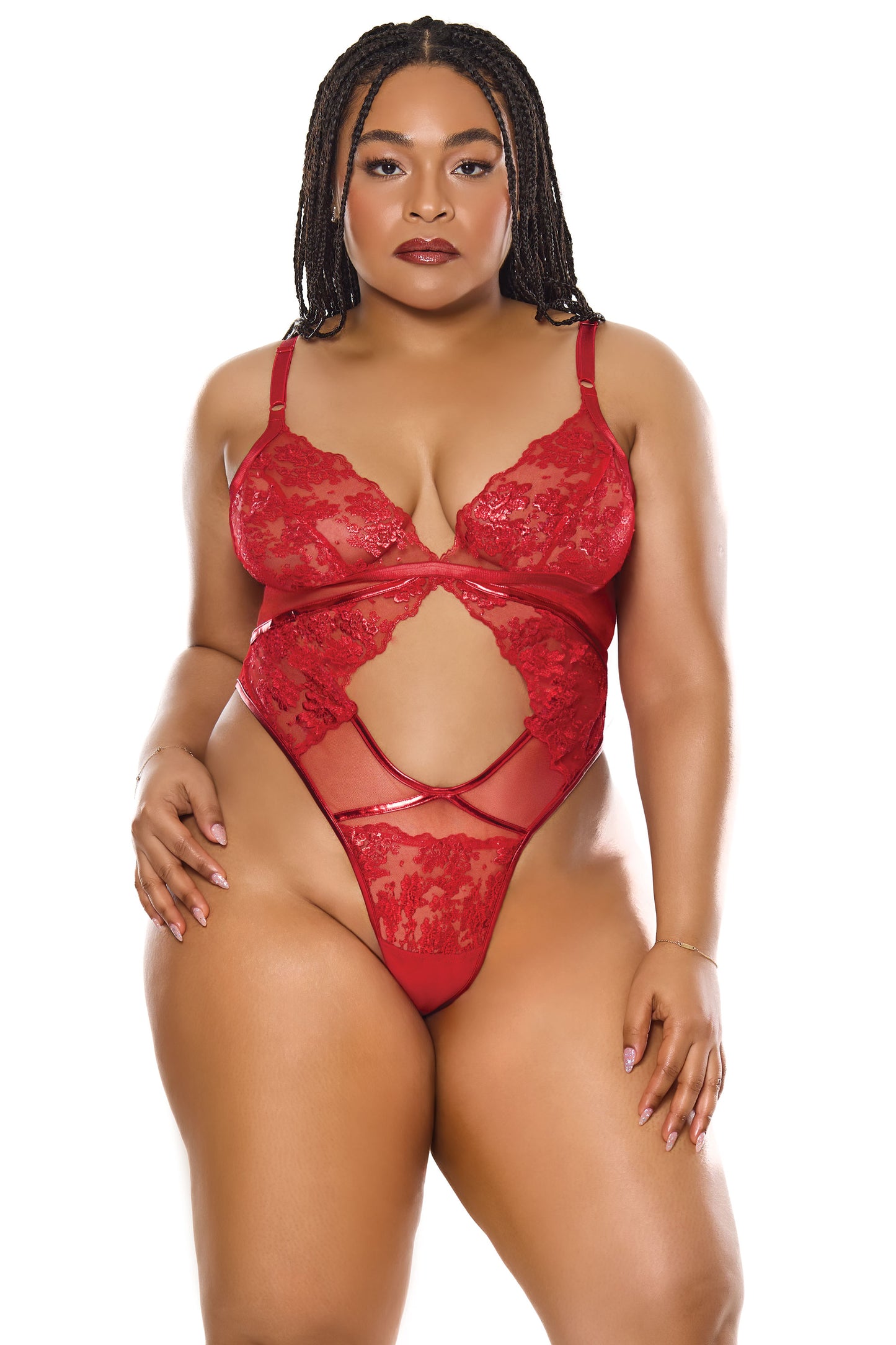 Coquette Holiday Sheer Embroidery Mesh Metallic Wet Look Teddy Red