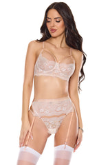 Coquette Bra Garter Belt & Thong Gold
