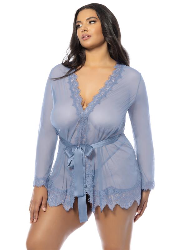 Oh la la Cheri Queen Eyelash Lace Sheer Mesh Provence Short Robe Brunnera Blue