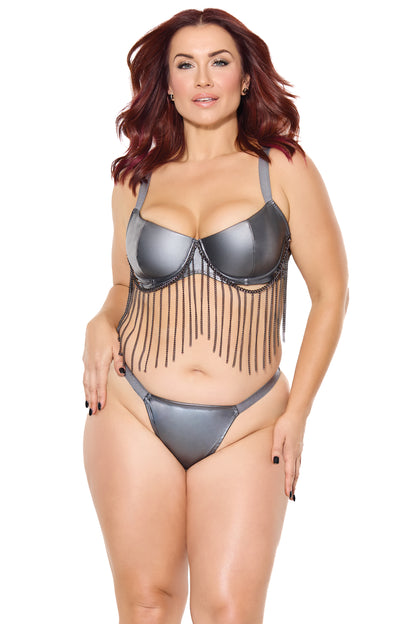 Coquette Pleasure Metal Chain Fringe Underwire Balconette Bra Set Gunmetal