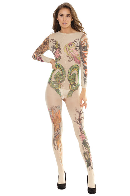 Coquette Tattoo Print Long Sleeve Bodystocking Crotchless