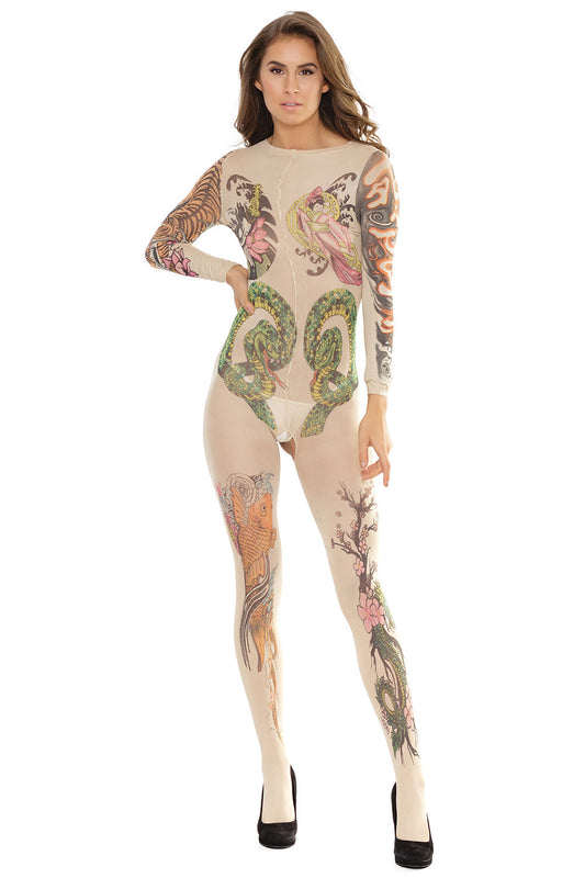 Coquette Tattoo Print Long Sleeve Bodystocking Crotchless