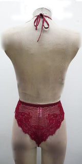 Escante Halter Plunge Front Lace Teddy Wine