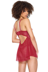 Coquette Holiday Metallic Scallop Lace Sheer Mesh Babydoll Red/Silver-Rebel Romance