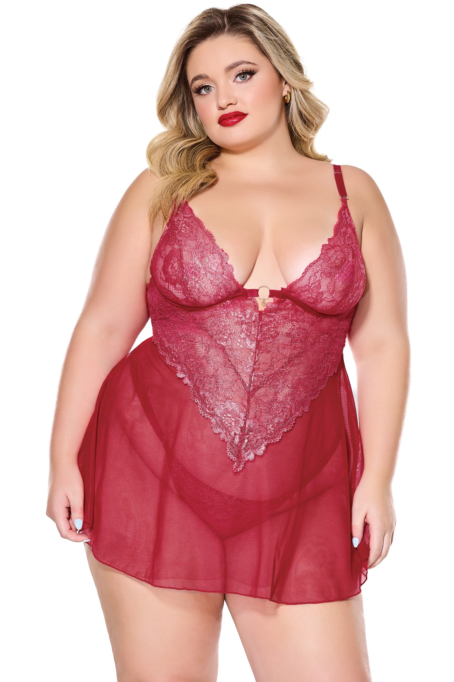 Coquette Holiday Diva Metallic Scallop Lace Sheer Mesh Babydoll Red/Silver