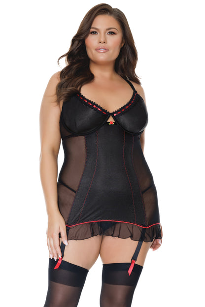 Coquette Valentine Plus Stretch Knit Ruffle Hem Ribbon Gartered Chemise Black