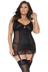 Coquette Plus Stretch Knit Ruffle Hem Ribbon Gartered Chemise Black-Rebel Romance