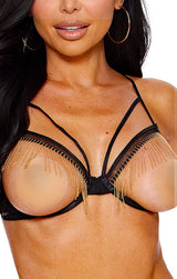 Escante Sexy Funky Fringe Open Cup Bra Set Black and Gold