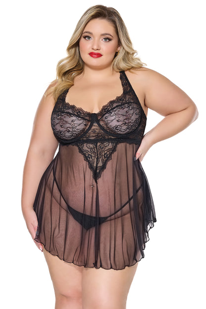 Coquette Holiday Diva Scallop Lace Sheer Mesh Babydoll Black