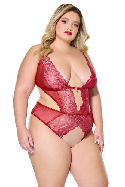 Coquette Holiday Diva Metallic Scallop Lace Crotchless Teddy Red/Silver