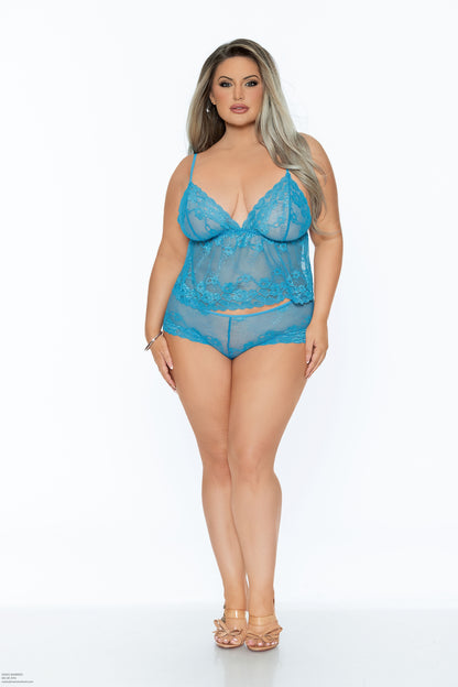 Escante Lingerie Lace Flutter Cami and Boy Short Lounge Set Blue