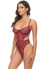 Oh la la Cheri Quinn Unlined Underwire Lace and Mesh Teddy Syrah