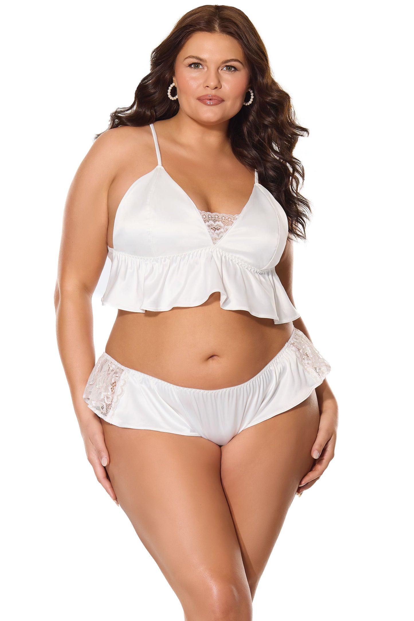 Coquette Satin Ruffle Peplum Bralette Sleep Set White