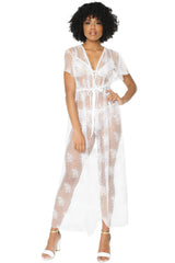 Coquette Sheer Dotted Flutter Long Robe White