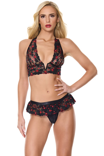 Coquette Valentine Hearts Lace V-Wire Bralette Bra Set