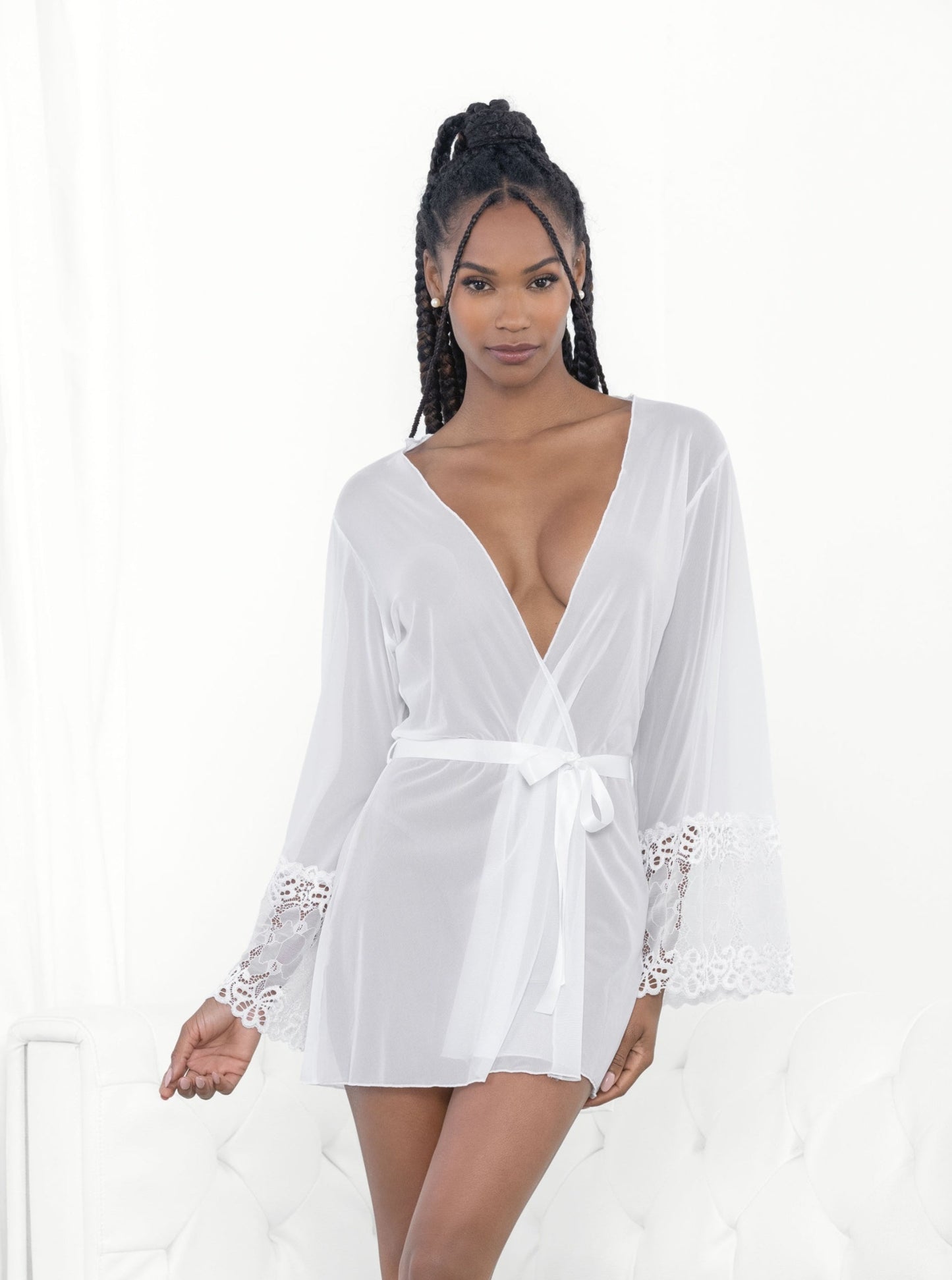 Escante Mesh Robe Lace Trim White