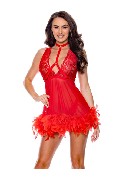 Escante Feather Trim Babydoll Red