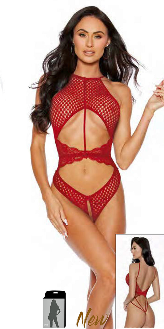 Escante Lingerie Honeycomb Lace Crotchless Teddy Red