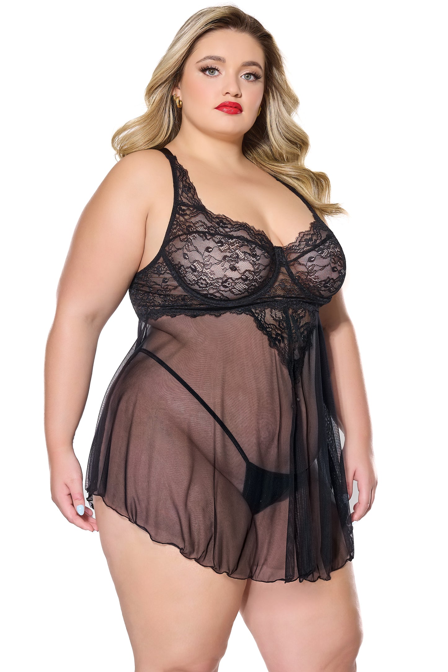 Coquette Holiday Diva Scallop Lace Sheer Mesh Babydoll Black