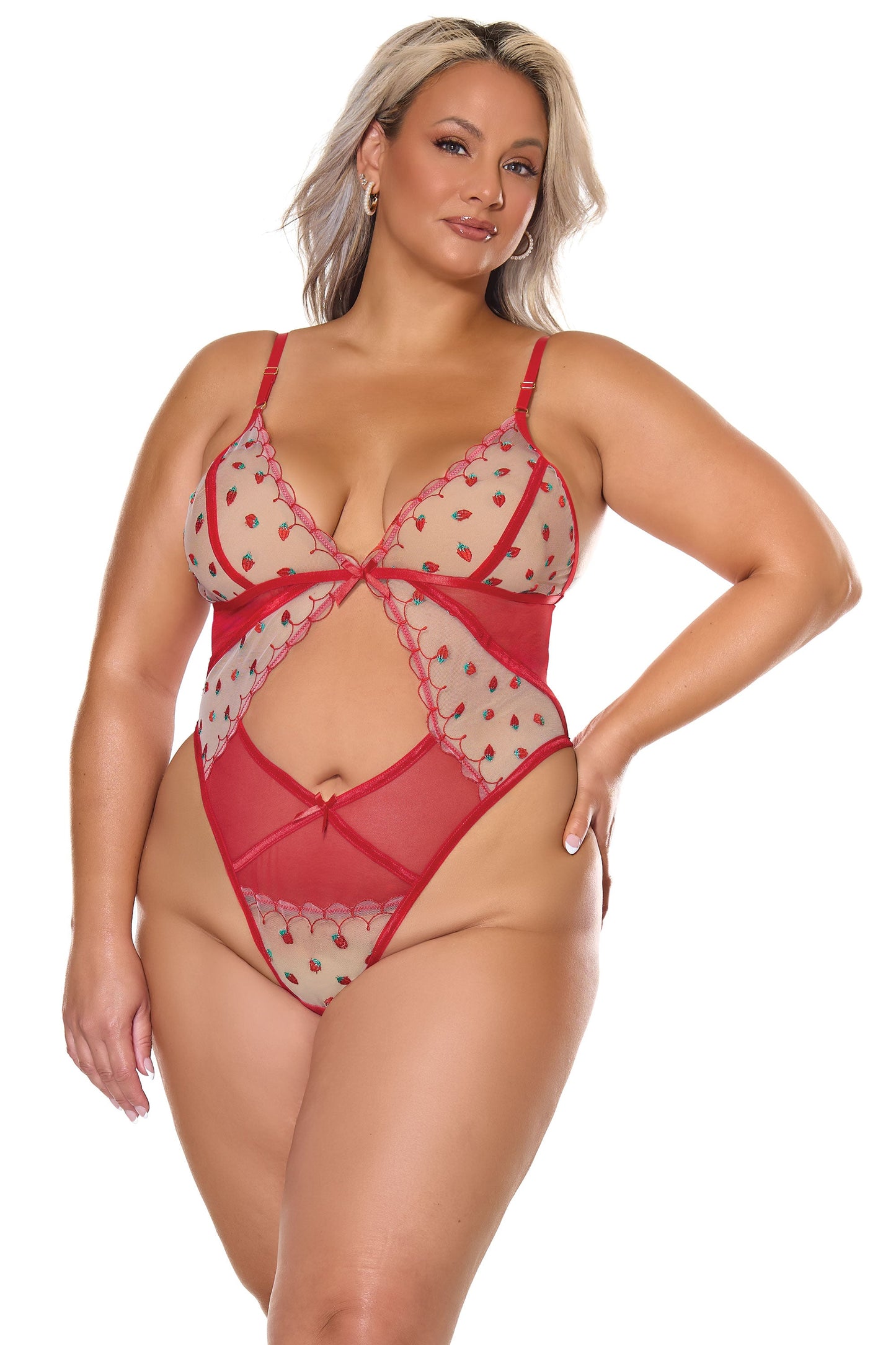 Coquette Berry Sweet Sheer Embroidery Teddy Strawberry
