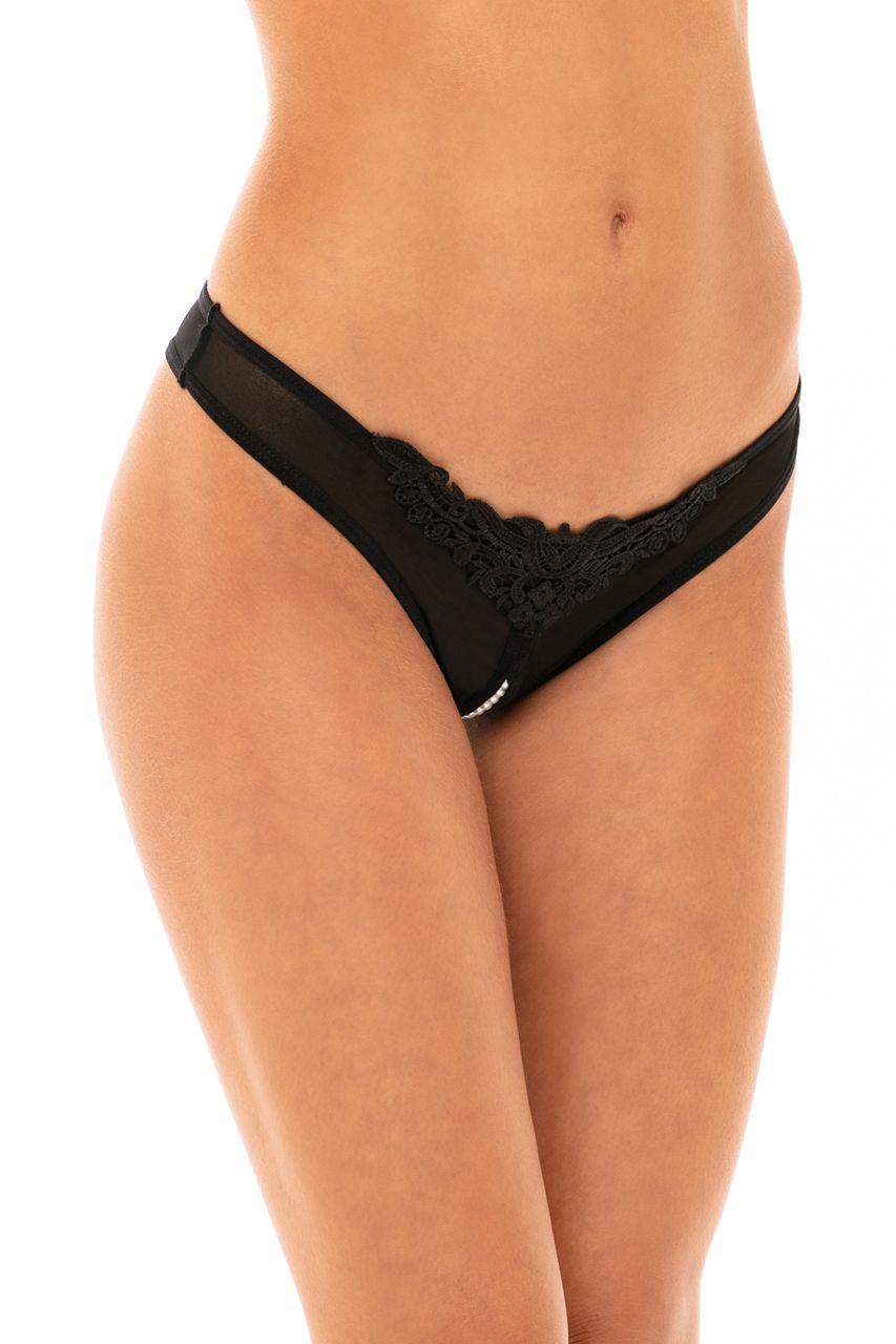 Oh la la Cheri Paradise Crotchless Thong with Pearls and Venise Detail Black