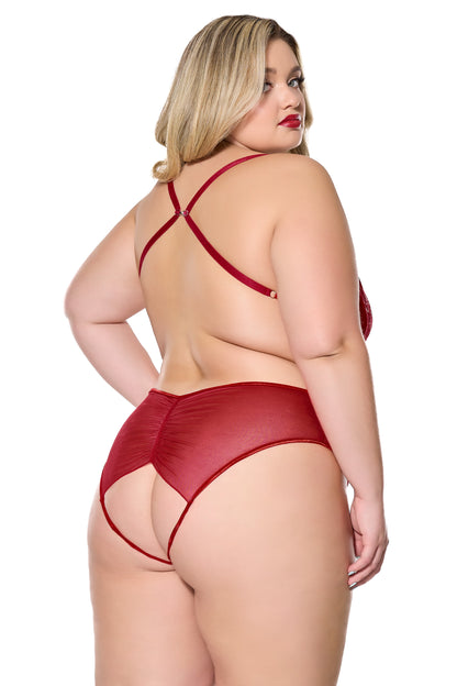 Coquette Holiday Diva Metallic Scallop Lace Crotchless Teddy Red/Silver