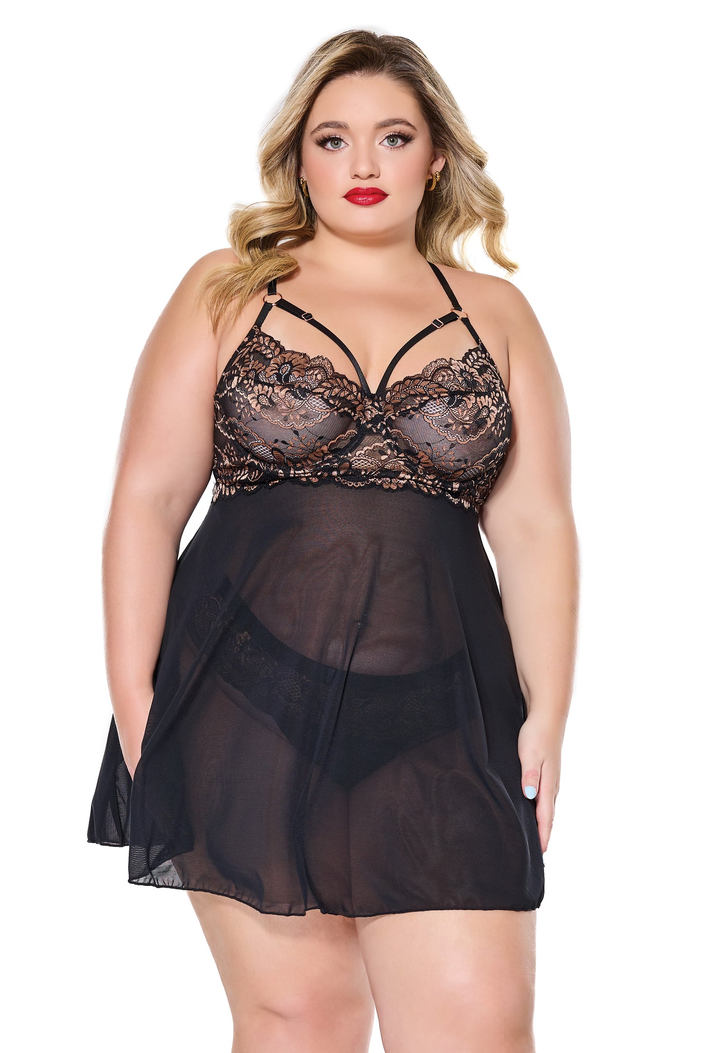 Coquette Holiday Diva Scalloped Lace Strappy Babydoll Set Rose Gold Black