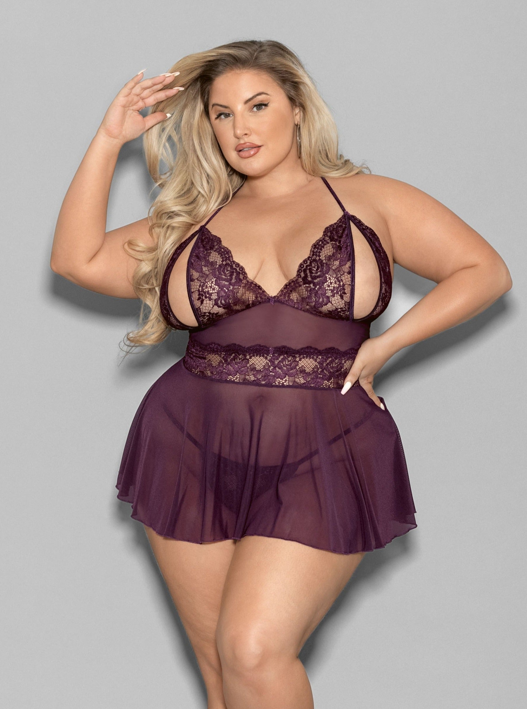 Escante Queen Plus Lingerie Peek a boo Cups Lace Babydoll Plum