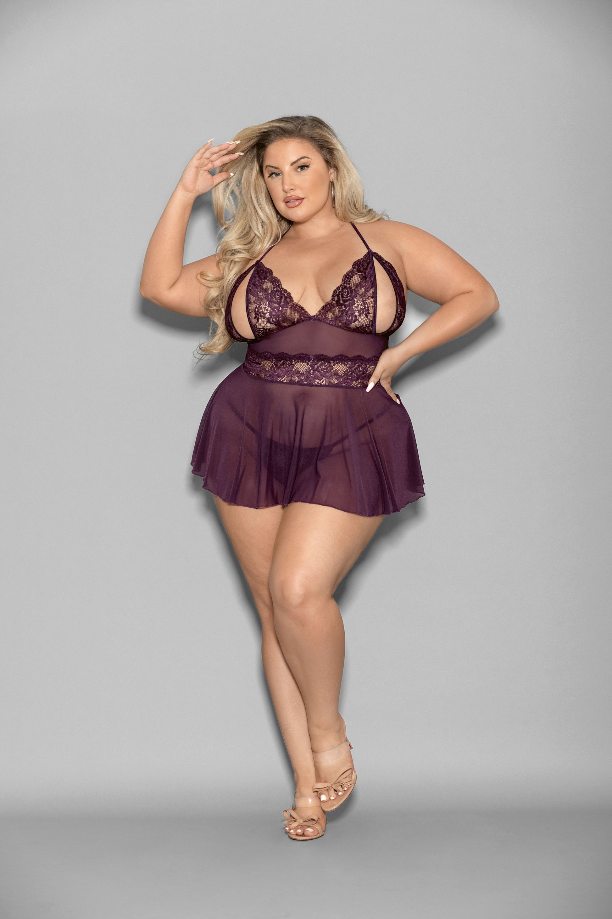 Escante Queen Plus Lingerie Peek a boo Cups Lace Babydoll Plum