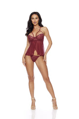 Escante Lace & Mesh Shorty Babydoll Strappy Detail and Panty Set Bordeaux