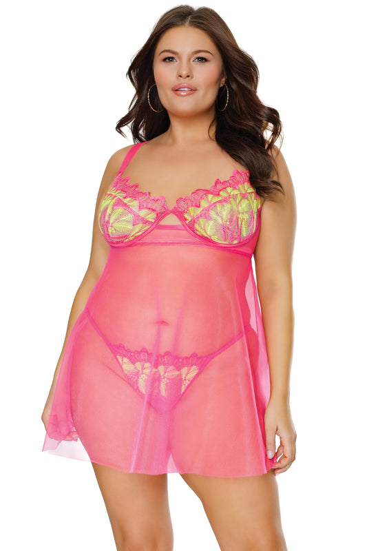 Coquette Diva Summer Neon Pink Underwire Cups Babydoll Set