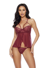 Escante Lace & Mesh Shorty Babydoll Strappy Detail and Panty Set Bordeaux
