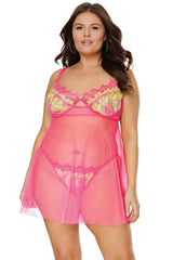 Coquette Diva Summer Neon Pink Underwire Cups Babydoll Set-Rebel Romance