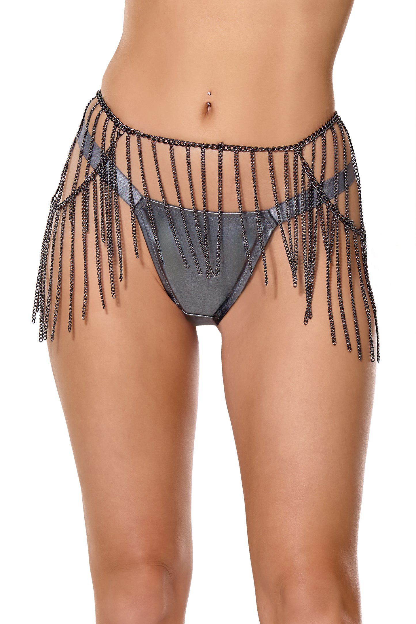 Coquette Pleasure Metal Chain Fringe Lingerie Belt Gunmetal