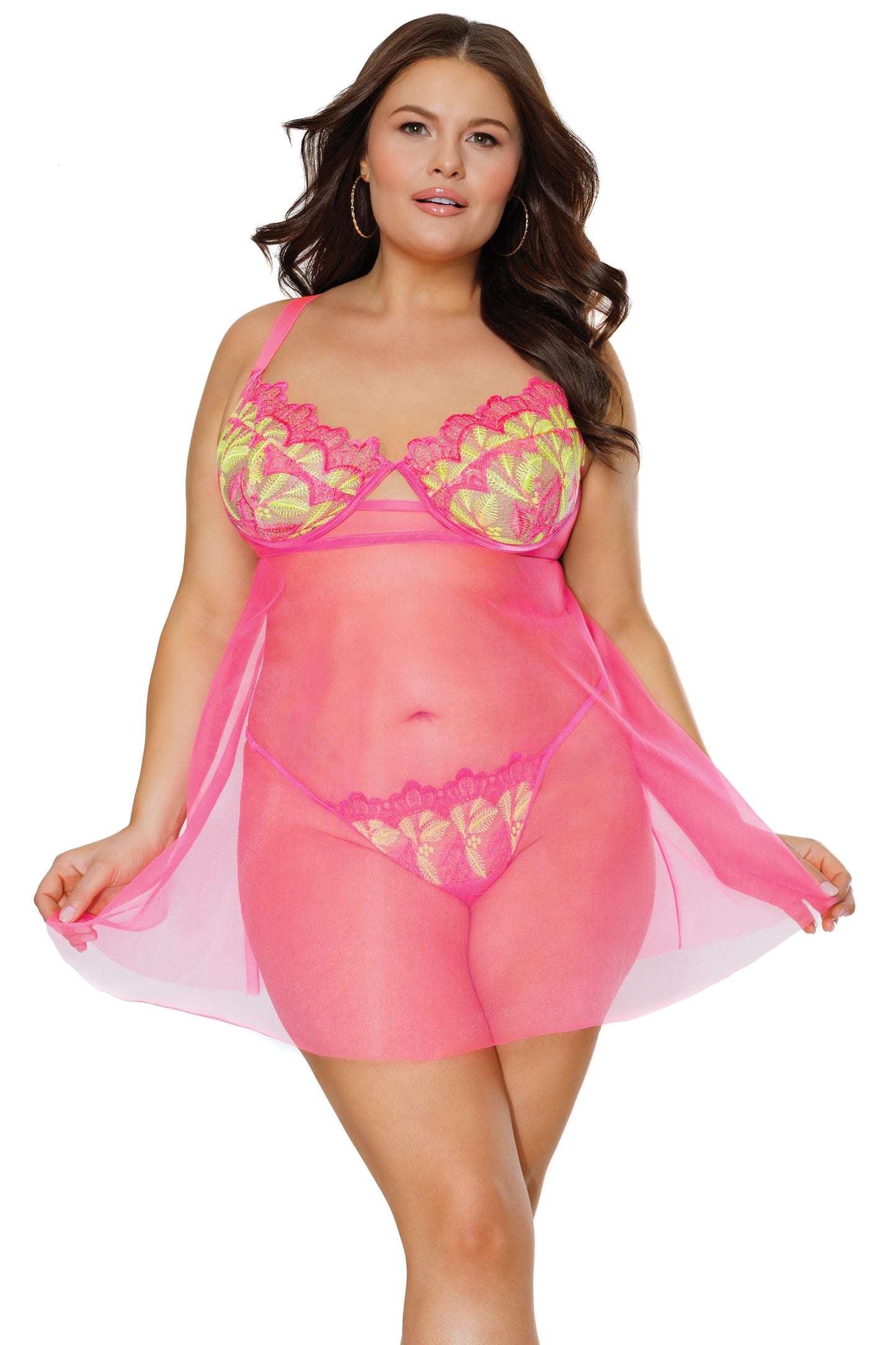 Coquette Diva Summer Neon Pink Underwire Cups Babydoll Set