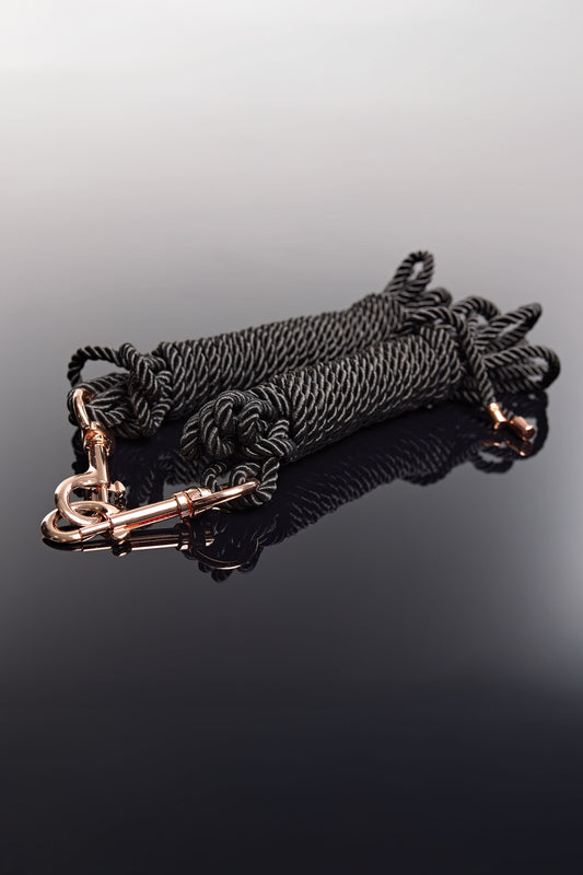 Coquette Pleasure Black Silky Smooth Rope Set Rose Gold Metal