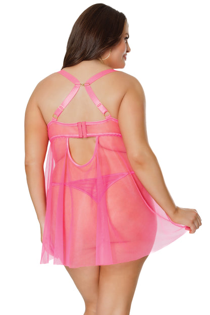 Coquette Diva Summer Neon Pink Underwire Cups Babydoll Set