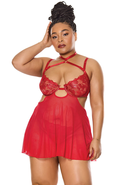 Coquette Holiday Sheer Embroidery Mesh Metallic Wet Look Babydoll Red