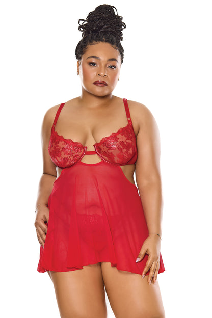 Coquette Holiday Sheer Embroidery Mesh Metallic Wet Look Babydoll Red