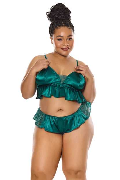 Coquette Holiday Satin Ruffle Peplum Bralette Sleep Set Green
