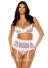 Oh la la Cheri Morgan Lace Edge Peek-a-boo Bra Set Bright White/Brunnera Blue