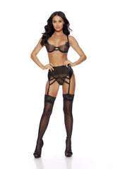 Escante Black Lace Demi Bra Set Garter Belt Panty Stockings Set
