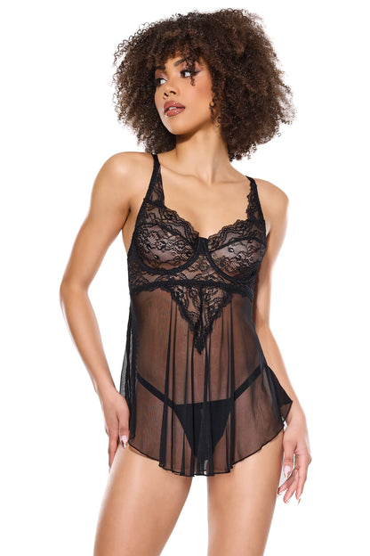 Coquette Holiday Scallop Lace Sheer Mesh Babydoll Black