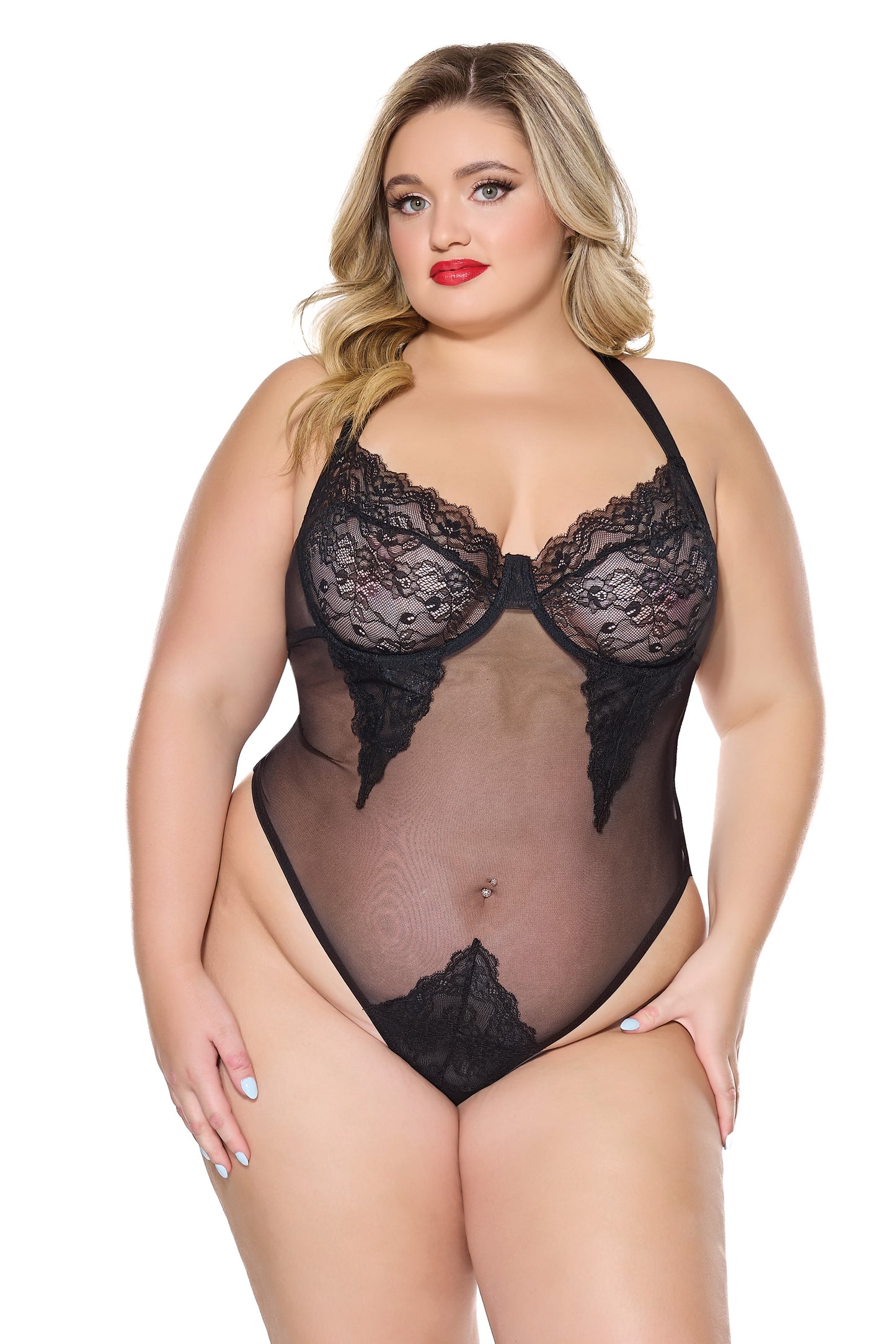 Coquette Holiday Diva Pretty Lace Sheer Mesh Teddy Black