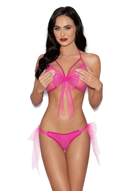 Escante Lingerie Tulle Bow Open Cups Bra Set Neon Pink Blacklight Glow