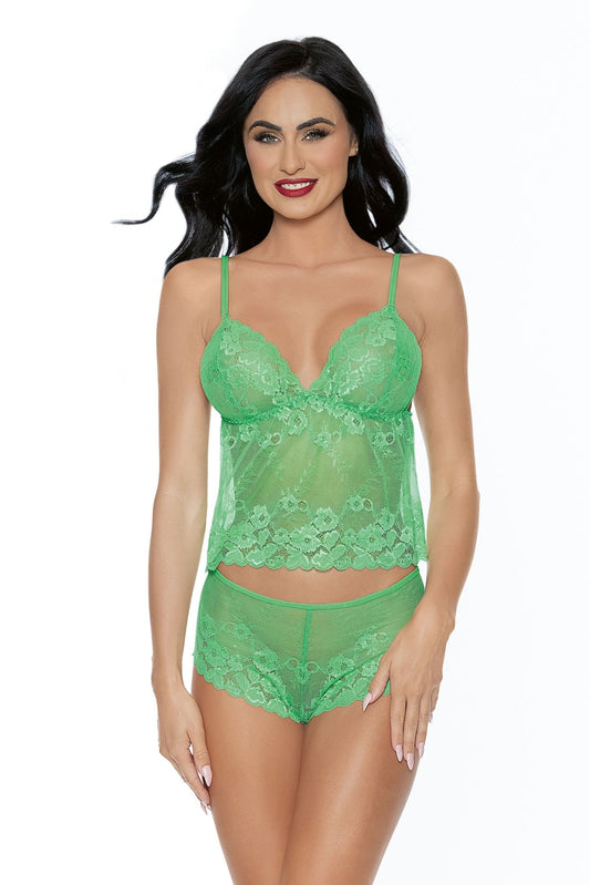 Escante Lingerie Lace Flutter Cami and Boy Short Lounge Set Neon Green