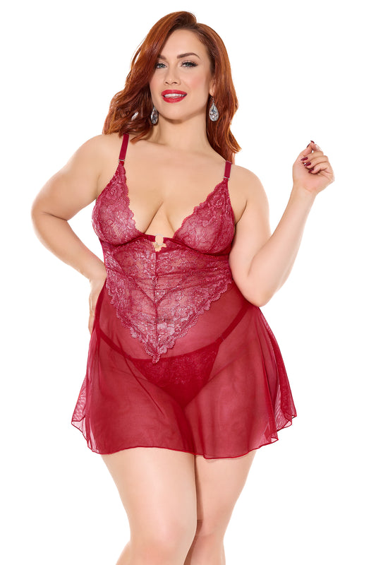 Coquette Holiday Diva Metallic Scallop Lace Sheer Mesh Babydoll Red/Silver