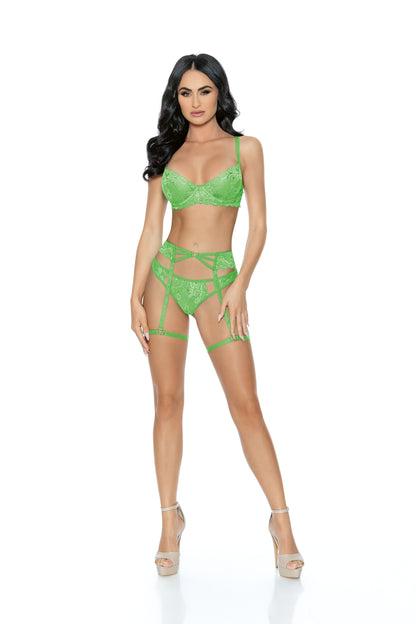 Escante Lingerie Lace Gartered Underwire Cups Bra Set Lime