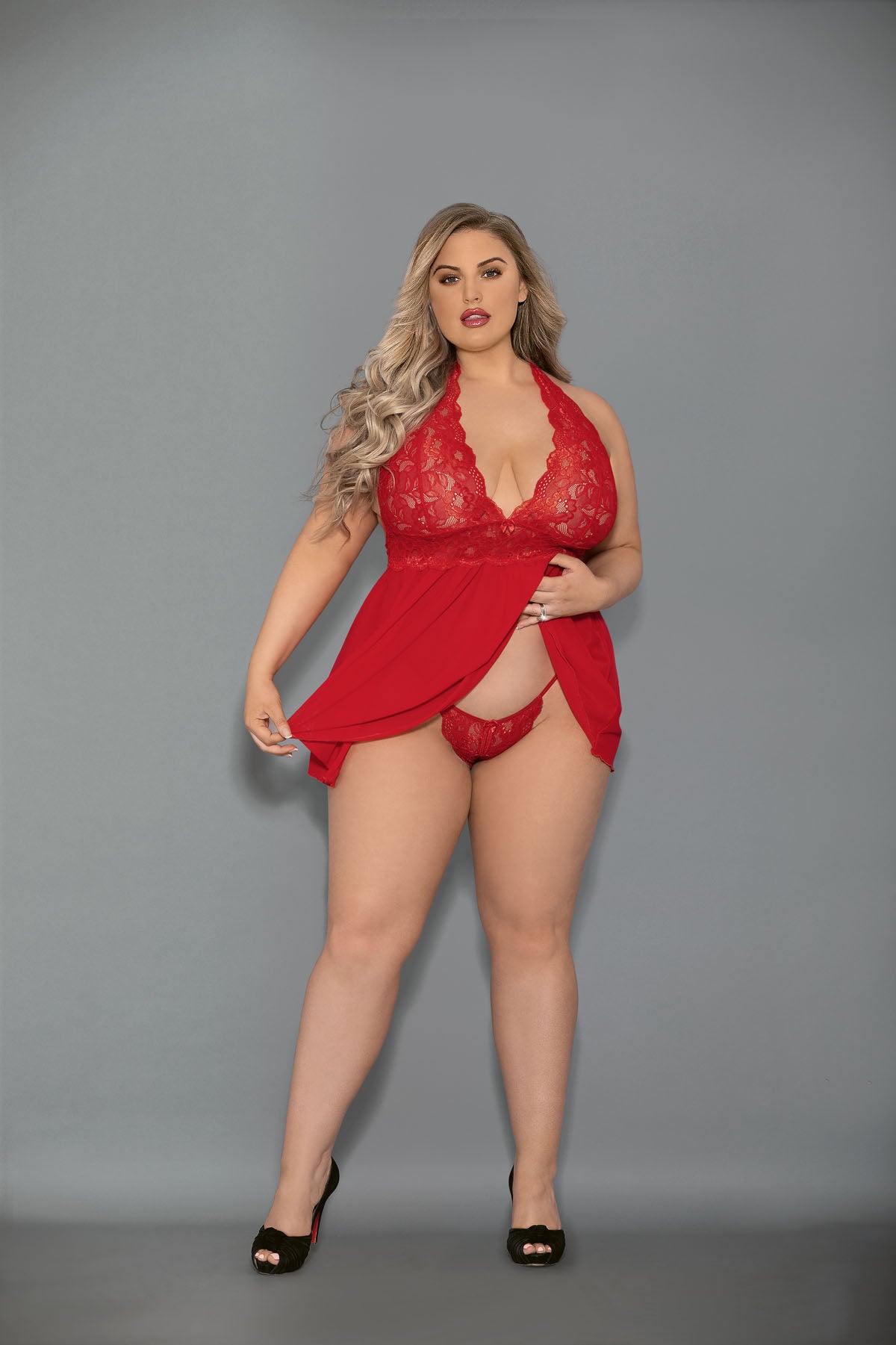 Escante Euphoria Queen Halter Tie Shorty Babydoll Set Red